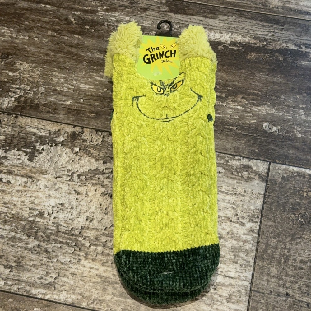 Bioworld Dr Seuss The Grinch Slipper Socks Womens 5-10 Green Fuzzy Non-Slip NEW - Picture 1 of 8